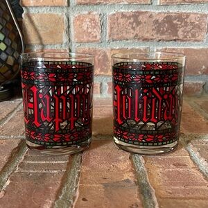 Vtg Houze Happy Holidays Red/Green Old Fashioned Glasses Set of 2